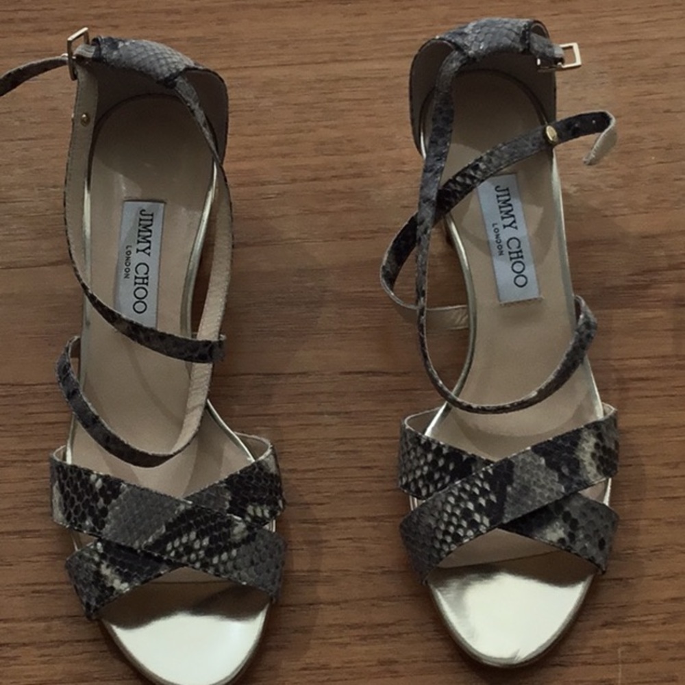 Jimmy Choo lizard look leather, gold heel sandal